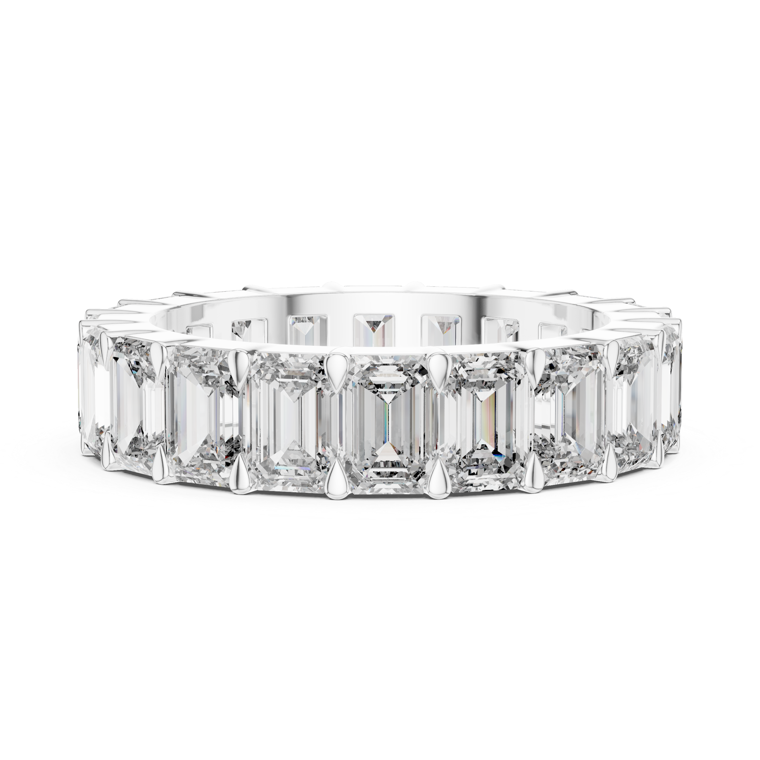 Diamond ring with emerald-cut stones on a white background